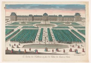 Utsikt över Jardin des Tuileries i Paris sett mot Palais du Louvren Le Jardin des Tuilleries en face du Palais du Louvre i Paris (titel på objektet)