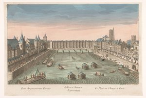 Utsikt över den bebyggda Pont au Change över floden Seine i Paris 84:e. Vue d