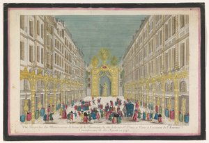 Utsikt över utsmyckningen av Rue de la Feronnerie i Paris med anledning av restaureringen av Ludvig XV, kung av Frankrike, 1745 Vue perspective des illuminations de la Ruë de la Feronnerie du côté de la Ruë St. Denis a Paris (...) (titel på o