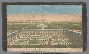 Utsikt över trädgården och Palacio del Buen Retiro i Madrid Vüe ​​​​perspective du Palais Royal et des Jardins du Buen Retiro, en Espagne (titel på objekt) av Jean François Daumont