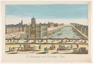Utsikt över vattenpumpen Samaritaine på Pont Neuf över floden Seine i Paris La Samaritaine sur le Pont Neuf a Paris (titel på objekt)