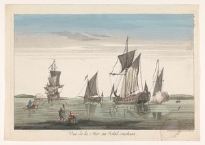 Havslandskap med fartyg och båtar vid solnedgången Vue de la mer au soleil couchant (titel på objekt) av Jean François Daumont
