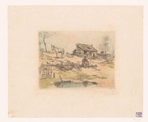 Landskap med man och åsna vid kojan La cabane du chiffonnier av Jean François Raffaëlli (signed by artist)