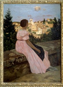 Rosa klänning eller utsikt över Castelnau le Lez (eller Castelnau-le-Lez, Herault). Porträtt av konstnärens systerdotter, Therese des Hours. Målning av Jean Frederic Bazille (1841-1870) 1864 sön. 1,4x1,1 m. Olja på duk. Paris, musee d