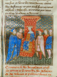 Den engelske kungen Edward III på sin tron, klädd i en tunika med engelska och franska emblem, lyssnar på ett tal avRobert av Artois ...