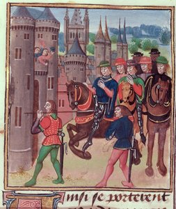 Roy 18 E II f.390 Henry Bolingbroke (Henry IV) går in i London, avrättad för Edward IV, från Vol IV (som täcker perioden 1389-1400), av Jehan Froissart, ca 1460-80