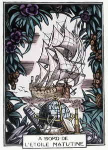 Ship at Sea: Illustration av början av 1900-talet av Jean-Gabriel (Jean Gabriel) Daragnes (1886-1950) för boken "A bord de l