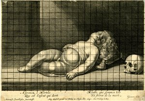 Jean Ganière - Barn som sover med huvudet vilande på en kudde; dödskalle till höger. 1640 av Jean Ganière