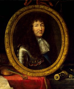 Porträtt av Ludvig XIV, kung av Frankrike (1638-1715), beskyddare av konst och vetenskap. Porträttet av kungen är omgivet av musikinstrument (viola de gamba, violingitarr) och vetenskapliga instrument (torg, himlaklot, kompas). Detalj. Målar av av Jean Garnier