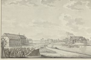 Preussarnas attack under överste Van Brush på Duivendrecht-bron, 1 oktober 1787 av Jean George Teissier (signed by artist)