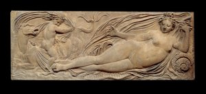 Nymf och liten ande rider på en marinhäst; Nymf och Triton omgiven av två små andar. Låg lättnad. Stenskulptur av Jean Goujon (1510-1567)