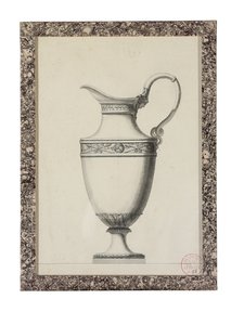 Design för en ewer med ett grekiskt maskhandtag (svart bly, penna och svart bläck, grått och svart tvätt på papper)