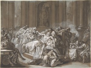 The Death of Seneca (penna & svart bläck, pensel och brun tvätt, förhöjd med vit gouache på blått papper)