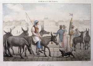 Tidigare gatuhandel i Paris: köpman av åsnemjölk (Ane dans Paris) - Gravyr av Jean Henry Marlet (1771-1847) i "" Les Tableaux de Paris", serie med 72 tryck, slutet av 1800-talet