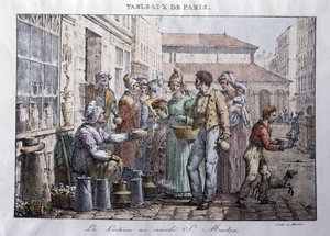 Gammal handel på gatorna i Paris: Mjölkpigan på Saint Martin-marknaden (Saint-Martin) - Gravyr av Jean Henry Marlet (1771-1847) i "" Les Tableaux de Paris", serie med 72 tryck, slutet av 19:e århundrade
