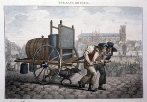 Tidigare gatumetier i Paris: bad hemma (två män drar en vagn med en tunna fylld med vatten). Gravyr av Jean Henry Marlet (1771-1847) i "" Les Tableaux de Paris", serie med 72 tryck, sent 1800-tal.
