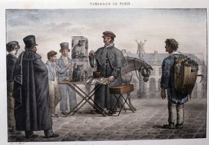 Tidigare gatumetier i Paris: råttdödshandlaren (camelot). Gravyr av Jean Henri Market (1771-1847) i "" Les Tableaux de Paris", serie med 72 tryck, sent 1800-tal.