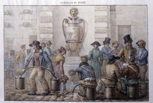 Tidigare gatumetier i Paris: vattenbärare framför en fontän. Gravyr av Jean Henry Marlet (1771-1847) i "" Les Tableaux de Paris", serie med 72 tryck, sent 1800-tal. av Jean Henri Marlet