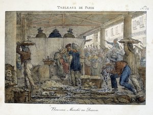 Den nya fiskmarknaden i Paris - litografi av Brocas av Jean Henri Marlet