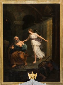 Sockenkyrka (Nederbrakel, Sockenkyrkan Sint-Pieter-in-de-Banden). Interiör. målning. "Sankte Petrus befriad av ängeln och Thomas". Jean-Henri DeCoene. Omkring 1835. av Jean Henri de Coene
