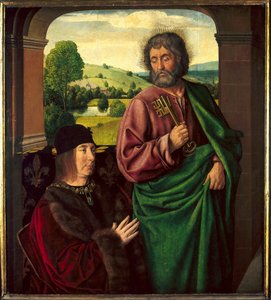 Porträtt av Pierre II de Beaujeu, hertig av Bourbon (1439-1505) Presenterat av Saint Pierre Målning av Maitre de Moulins eller Jean Hey (1450-1505). Sön 0,73 X 0,65 m