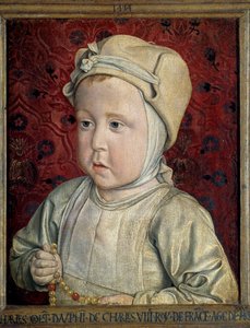 Porträtt av delfinen Charles Orlant (1492-1495) son till Charles VIII (1470-1498) och Anne av Bretagne Målning av Jean Hey (1450-1505) kallad Moulins mästare 1494. Sun. 0,28x0,23 m Paris. Musee du Louvre - Porträtt av Dauphin Charles Orlant (14