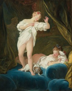 Två flickor på en säng leker med sina hundar av Jean Honore Fragonard