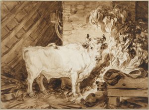 Vit tjur och en hund i ett stall av Jean Honore Fragonard