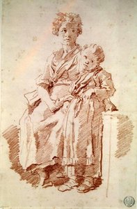 En ung flicka med sin syster, 1774 (röd krita på papper) av Jean Honore Fragonard