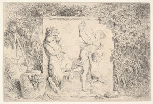En basrelief föreställande en satyr till vänster som håller två spädbarn, en annan barnsatyr till höger..., 1763. av Jean Honore Fragonard
