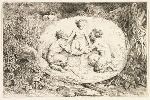 Nymf som sitter på två satyrers händer från Bacchanales, eller satyrernas lekar av Jean Honore Fragonard