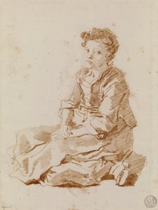 Liten flicka som sitter på marken (röd krita på papper) av Jean Honore Fragonard