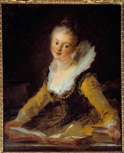 Studie. En kvinna har sitt kontor och bläddrar i böcker för att lära sig. Målning av Jean Honore Fragonard (1732-1806) av Jean Honore Fragonard