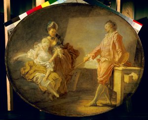 Början av modellen En ung modell blyg att inte våga bli. Målning av Jean Honore Fragonard (1732-1806). Paris. Jacquemart Andre-museet av Jean Honore Fragonard