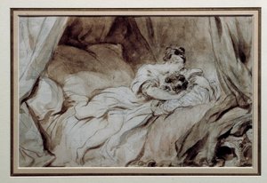 Det lyckliga ögonblicket Ett par som strök varandra i en säng. Ritning i Bistre Wash av Jean Honore Fragonard (1732-1806) Privatsamling från 1700-talet av Jean Honore Fragonard