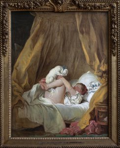 Ung flicka med en hund. Målning av Jean Honore Fragonard (1732-1806), olja på duk av Jean Honore Fragonard