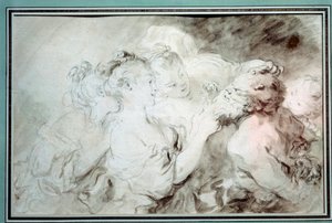 Unga flickor som brottas med en satyr Unga kvinnor har roligt med en satyrskägg. Ritning i Bistre Wash av Jean Honore Fragonard (1732-1806) Privatsamling från 1700-talet av Jean Honore Fragonard