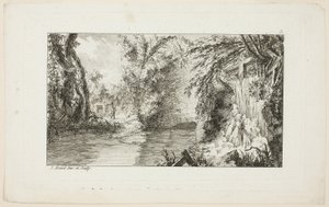 Landskap med en vandrare och en kaskad, plansch 5 från den andra sviten Livre de paysages (Landskapsboken) av Jean Hoüel