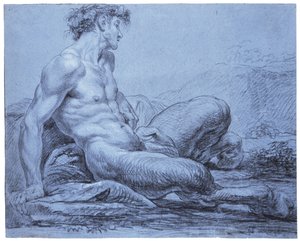 En sittande faun, ca 1755-57 (svartvit krita på blått papper) av Jean II Restout