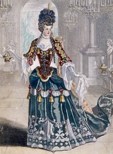 Porträtt av Mademoiselle Desmatins (1682-1708), musiker vid Operan, gravyr av Jean Berain