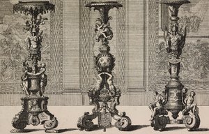 Stora bronsljusstakar, gravyr av Jean Berain (1640-1711) från L