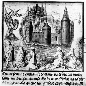 Gravid kvinna på pilgrimsfärd till Mont Saint-Michel fångas av tidvattnet men räddas mirakulöst genom ingripande av Jungfru Maria av Jean I Le Tavernier