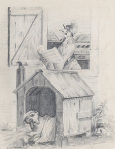 Hund i hundkoja, tupp som sjunger vid fönstret, ca. 1842.