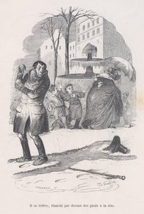 Han reser sig, täckt från topp till tå av snö. från Människolivets små elände, 1843.