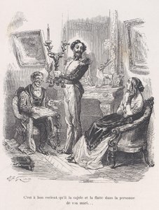 Det är bra att han lockar och smickrar henne inför sin man. från Lilla Miseri..., 1843. av Jean Ignace Isidore Gérard