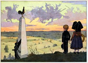 Min by, de som inte glömmer: Slagfältet (Geisbergsmonumentet med de två Spinnerbarnen som poserar för Hansi); av Jean Jacques (1873 1951) Waltz