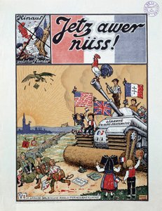 Den stora fransk-amerikanska anglosoparen En av tidningen "Jetz awer nuss" som representerar en attackstridsvagn av allierade som jagade tyskar från Alsace i slutet av andra kriget