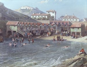 Början av havssimning i den gamla hamnen i Biarritz, 1858 olja på duk detalj från 175215 av Jean Jacques Alban de Lesgallery