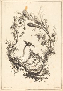 Prydnad med en påfågel av Jean Jacques Avril I after Jean Baptiste Pillement