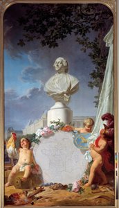 Lärda Europa Allegorisk representation av Frankrikes härlighet, bysten av Ludvig XVI (1754-1793) dominerar en karta över franska ägodelar, en tupp, angelots och symboler för konst och vetenskap. Målning av Jean Jacques Bachelier (1724-1806) 1762 Versaille